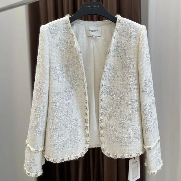 Kadın Ceketleri Yüksek Kaliteli Kristal Beaidng Kadınlar İçin Kış 2023 Beyaz Siyah Tüvit Jaqueta Feminina Bayanlar Lüks Tasarımcı Yün Paltolar