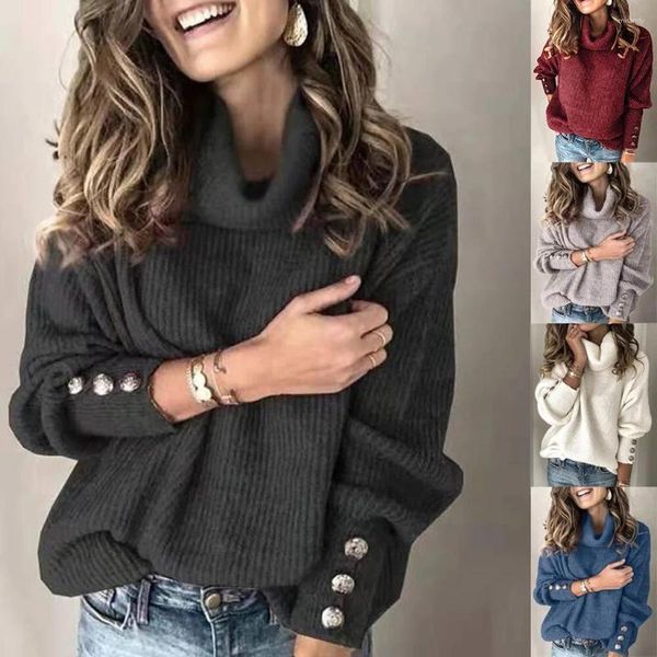 Suéter feminino gola alta pulôver botão manga comprida solto suéter de malha tops malha roupas de inverno loja oficial