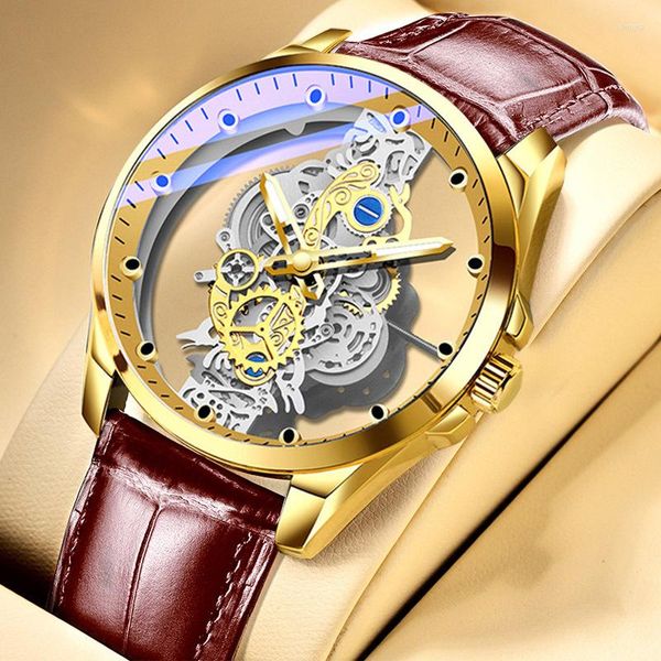 Armbanduhren Fashion Design Double Hollow Transparent Watch Men Imitation Mechanical Tourbillon Watches Luminous Dial Quartz