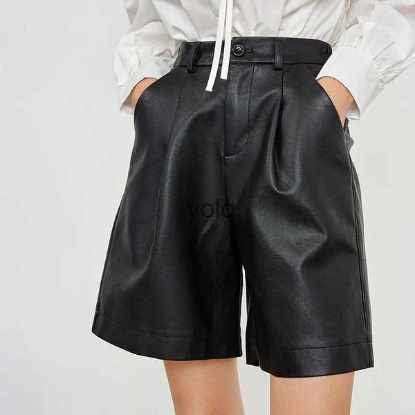 Shorts femininos pu leaer mulheres botão qualidade perna larga faux inglaterra estilo cintura alta solta femme mulheres cloingyolq