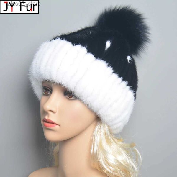 Gorro/crânio tampa chapéus de inverno para mulheres nicações naturais chapéus de pele de pêlo elegante fêmea quente feminina tampa de pompom q231130
