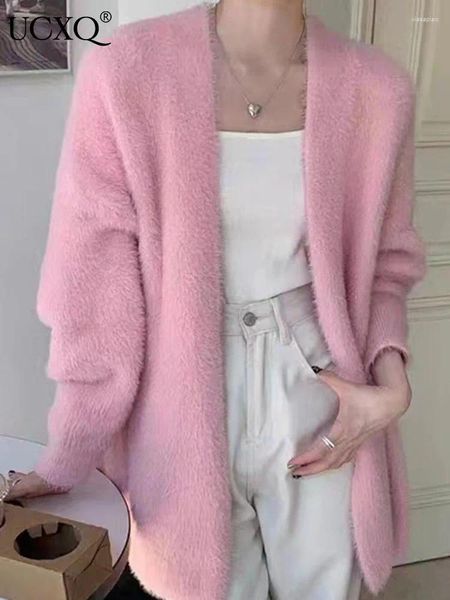Malhas femininas ucxq temperamento manga longa cor sólida imitação vison veludo casaco de malha para mulher 2023 outono moda solta camisola de malha