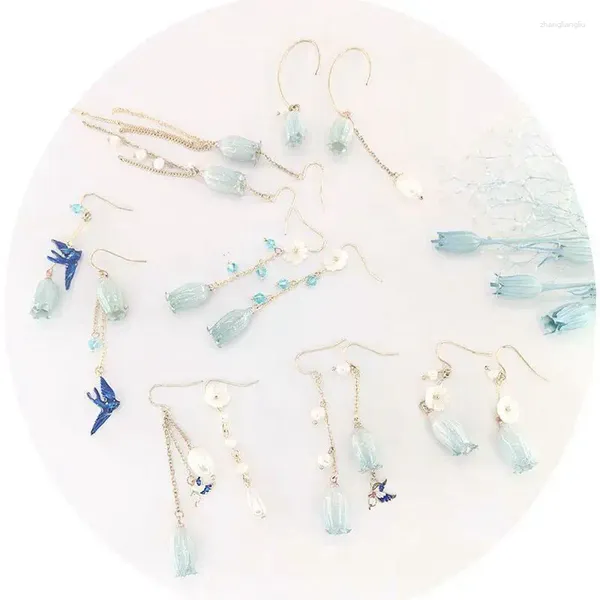 Baumelnde Ohrringe, elegante Quaste, blaue Glocke, Blumen, Tropfen für Frauen, Schwalbe, Schmetterling, Muschelperle, Anhänger, Ohrclip, Hochzeit, Schmuck