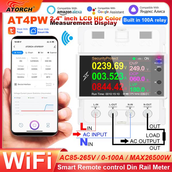 Medidores de energia AT4PW 100A Tuya WiFi Din Rail Smart Smart Controle remoto AC 220V 110V Power Digital