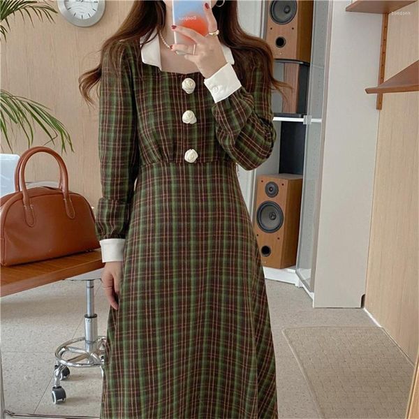 Casual Kleider Frühling Vintage Karierter Rock Damen Langes Kleid Elegante Taille Abnehmen Mode 2023 Quadratischer Kragen Büro Chic