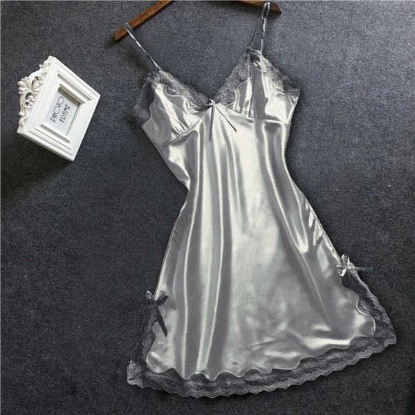 Sexy conjunto de camisola de cetim senhora bowknot renda lingerie cinta de espaguete noite dres nighties sem mangas pijamas 231129