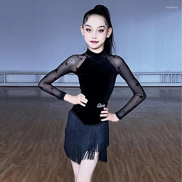 Bühnenkleidung Kinder Latin Dance Wettbewerb Kleid Mesh Sleeve Tops Fransen Rock Mädchen Rumba Dancewear ChaCha Performance Kleidung DL11377