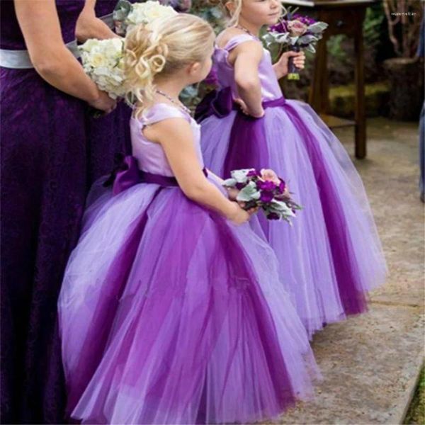 Abiti da ragazza moda soffice fiore viola senza maniche morbido fiocco a strati abito da spettacolo per la principessa regalo di prima comunione