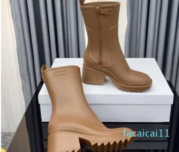 Botas de borracha femininas clássicas de salto grosso com zíper de cabeça quadrada cano médio sola pesada sapatos de chuva à prova d'água martin feminino