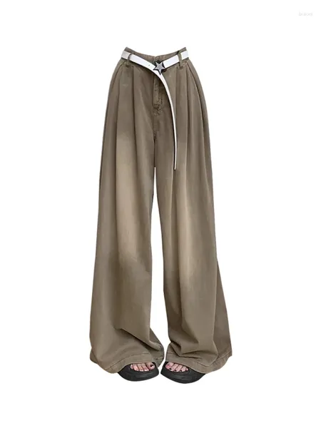 Calças de brim femininas streetwear cintura alta perna larga baggy moda coreana 2023 outono americano retro calças oversize 2000s estética