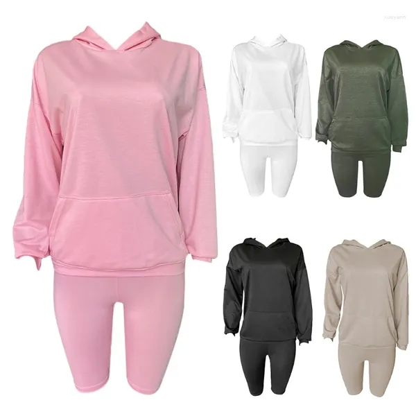 Calças femininas de duas peças Mulheres treino outfit manga comprida com capuz moletom biker shorts sólido tracksuit n7ye