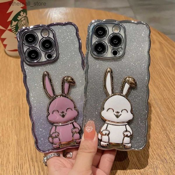 Handyhüllen 6D Kaninchen Hase Halter Bling Glitzer Kristall Wellenförmige Handyhülle für iPhone 15 14 13 12 11 Pro Max X XS MAX XR 7 8 Plus Rückseite Q231130