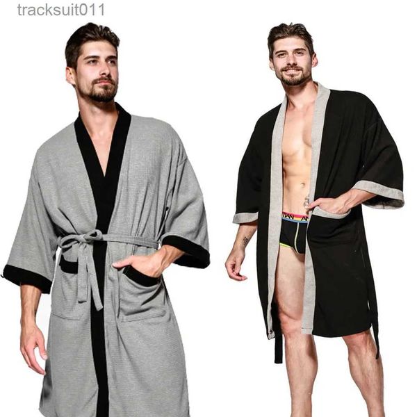 Robes masculinos algodão waffle homens quimono roupão vestido sleepwear casal preto robe nightwear solto casual sauna yukata primavera verão casa wear l231130