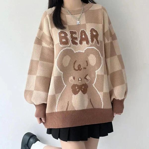 Kadın Sweaters Vintage Hafif Kahverengi Ekose Ayı Karikatür Kadın Japonya Kawaii Kış Üstleri Harajuku Moda Gençler Giysileri Örme Külük