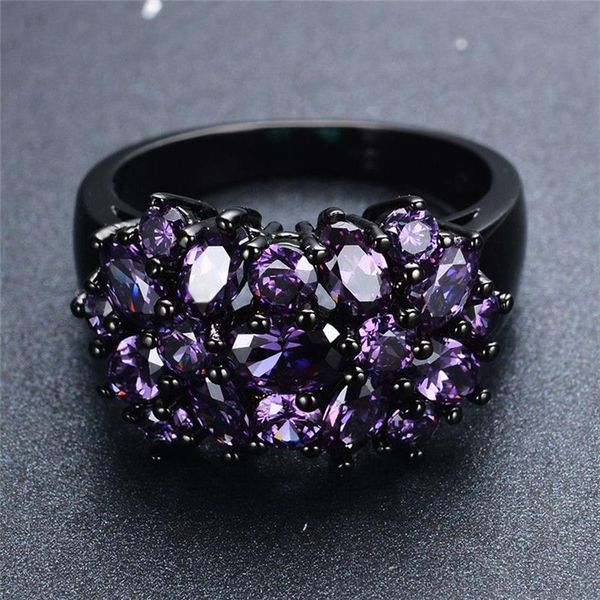 Pequeno oval roxo cristal zircão estrela flor anéis para mulheres vintage preto ouro multicolorido pedra anel feminino casamento jóias239q