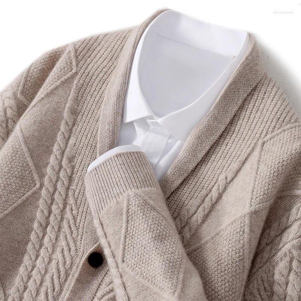 Maglioni da uomo Autunno e Inverno 100 Maglione di pura lana Cardigan con scollo a V Giacca jacquard ispessita Business Casual Cashmere