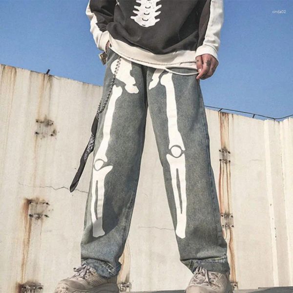 Jeans da uomo Uomo Baggy Skeleton Pantaloni neri dritti oversize Denim Uomo Streetwear Hip Hop Harem Vita alta