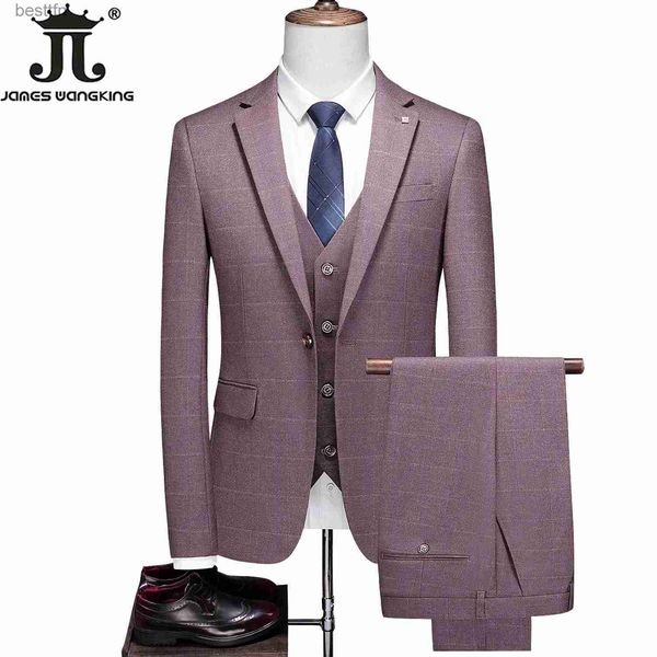 Herrenanzüge Blazer (Blazer + Weste + Hose) High-End-Marken-Männerformeller Business-Karoanzug 3-teiliges Set Bräutigam Hochzeitskleid Party-Host-AnzugL231130