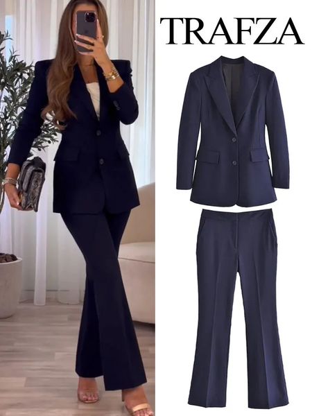 Calças femininas de duas peças TRAFZA Blazer casual feminino terno de escritório de negócios marinho feminino cintura alta vestido de casamento fino smoking calças de festa conjunto de 2 peças 231129