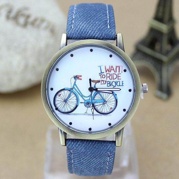 Orologi da polso Moda Uomo Orologio da bicicletta Donna Tessuto Jean Cinturino in pelle Orologi eleganti Relogio Feminino Ladies Casual Quartz Hour