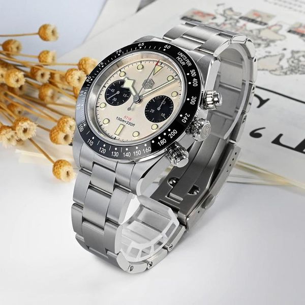 Armbanduhren San Martin Herren Sportuhr 40mm Panda BB Chronograph Retro Luxus Möwe ST1901 Manuell Mechanisch Saphir 100M Wasserdicht
