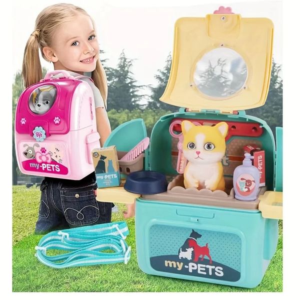 Ferramentas Oficina Pet Care Play Set Doctor Kit para Crianças Pretend Vet Dog Grooming Brinquedos Filhote de Cachorro Alimentação Mochila 231129