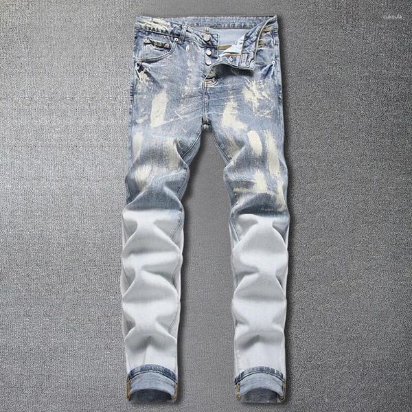 Jeans masculinos 2023 homens estiramento magro jean azul hip hop pintura inkjet branco skinny fit moda high street homme