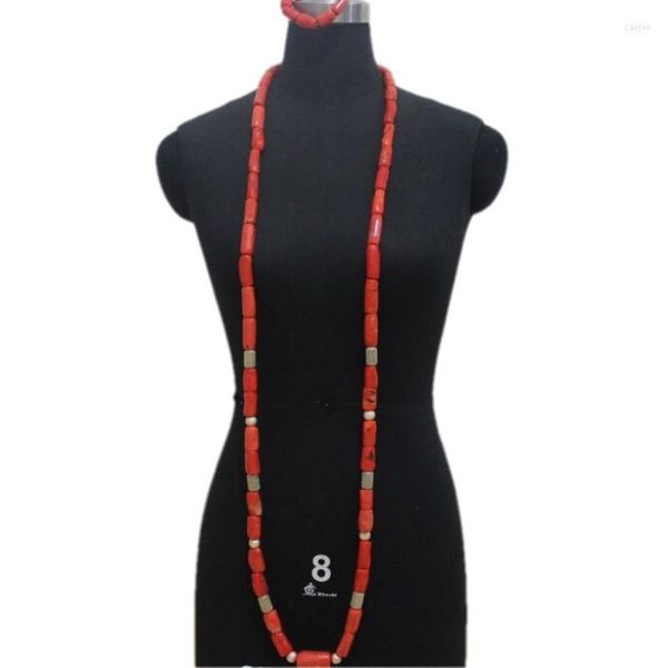 Collana Orecchini Set 4ujewelry Perline di corallo africano per uomo 60 pollici 12-14mm Gioielli da sposa nigeriani Sposo