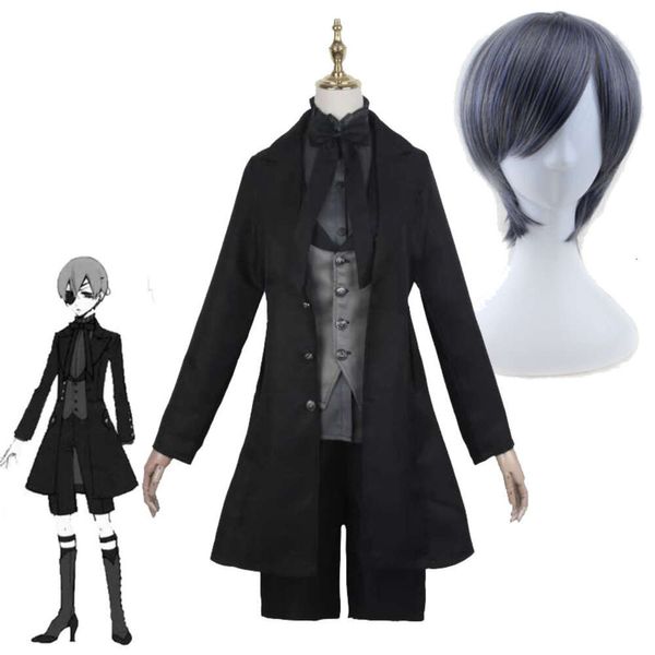 Fantasia de mordomo phantomhive, fantasia de homem e mulher, uniforme preto, peruca ciel, arnês para halloween, roupas de cavalheiro