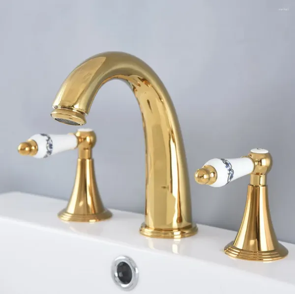 Rubinetti per lavabo Bagno Rubinetto per vasca in oro di lusso Doppi manici Miscelatore per lavabo a tre fori Ottone