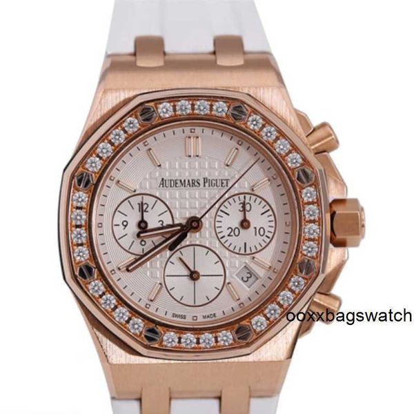 Relógios Autênticos Online Audemar Pigue 26231OR Royal Oak Offshore Panda Face Placa Branca Senhoras Ouro Rosa Diamante Relógio Mecânico Automático Relógio Suíço Mundial HB7F