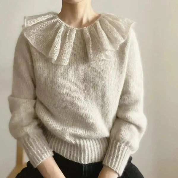 Damenpullover, süßer Pullover mit doppeltem Peter-Pan-Kragen, Damen-Langarmpullover, Strickwaren, Herbst, Frühling, Vintage-Chic, gestrickte Oberteile 231130