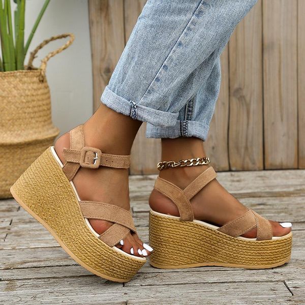 Sandalen Sommer Schnalle Damen Samt Flock Fischmaul Mode High Heel Plattform Offene Zehen Damen Keilschuhe