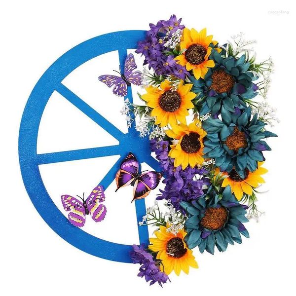 Dekorativer Blumen-Frühlingskranz, 39,9 cm, für den Außenbereich, blaue Radgirlande, Tür mit Sonnenblumen, Schmetterlingen für die Vorderseite