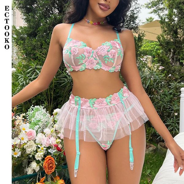 Sexy conjunto ectooko rosa 3 peças conjunto de sutiã de renda feminino contraste cor malha retalhos lingerie conjunto senhoras santificar para fora sexy conjunto de roupa interior 231130