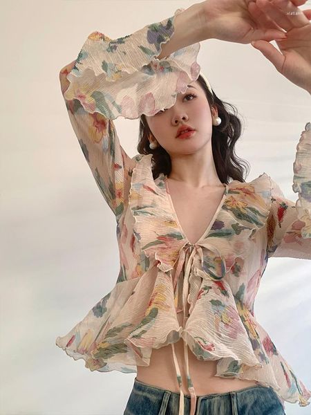 Женские блузки весна женский цветочный принцип блуз с обмотки корейская сладкая уличная одежда плиссированная шифоновая рубашка розовая v-образная кружев