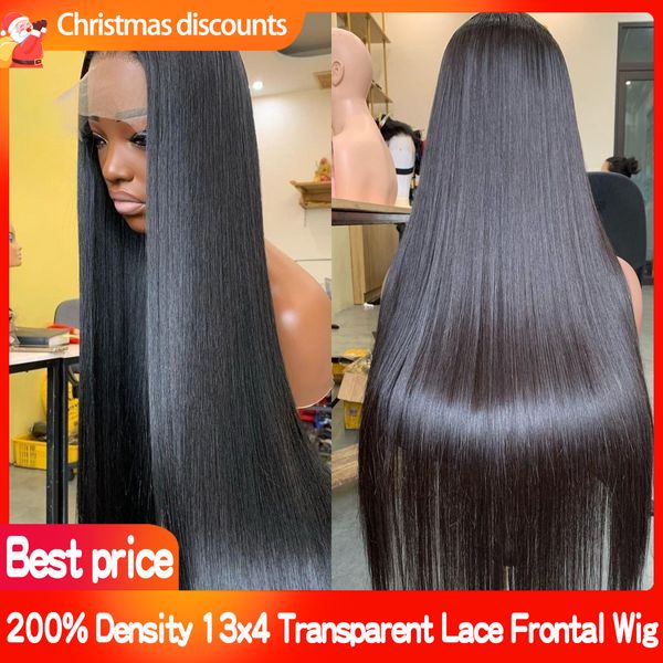 Perucas retas 200% densidade vietnamita cru cabelo humano laço transparente 13x4 peruca frontal completa não processada cor natural