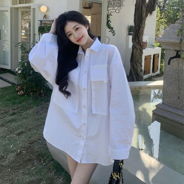 Damenblusen EBAIHUI Frauen Langes Weißes Hemd Übergröße 2023 Korea Stil Hemden Volle Hülse Button Up Pocket Lady Bluse Casual Female