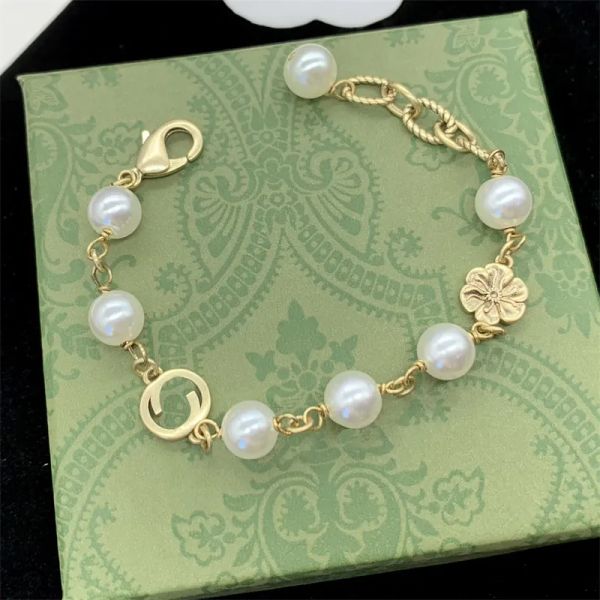 Bracciale in oro di design lettere braccialetti con ciondoli in argento con perla di diamanti scintillanti di lusso per gioielli da donna di marca vintage alla moda da donna