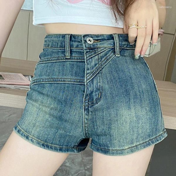 Jeans femininos design para mulheres cintura alta sexy e magro menina picante pertence ao americano retro azul angustiado denim shorts verão