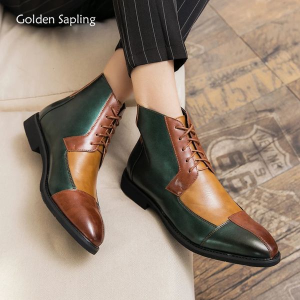 Botas Golden Sapling Lazer Botas Masculinas Patchwork Sapatos De Couro Moda Ankle Boot Homens Confortáveis Plataforma Flats Casual Chelsea Shoe 231129