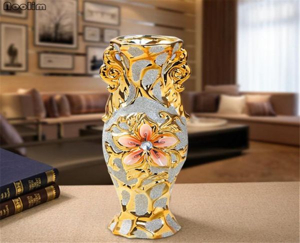 Vaso de porcelana banhado a ouro europeu, vaso de flores de cerâmica vintage avançado, ornamentos para sala de estar, decoração de casamento para casa, presente 8835143