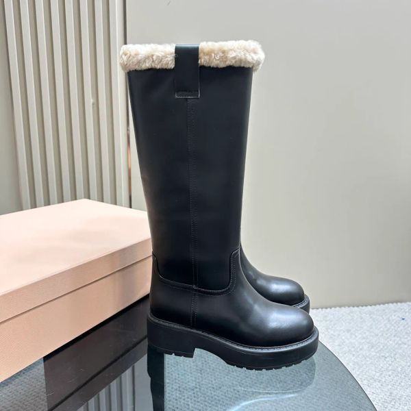 Miumius-Leder-Cowboy-Stiefel mit Ritterabsatz, kniehoch, klobiges Blockfell, runde Zehen, Slip-on-hohe Reitstiefeletten, Damen-Luxusdesigner, Modeschuhfabrik