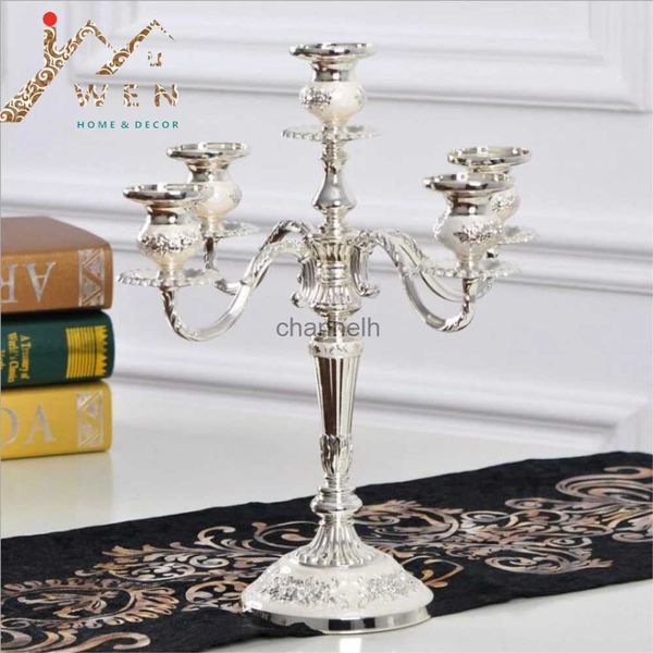 Castiçais Nova chegada prata 5 braços candelabros liga de zinco castiçal de metal para casamento / eventos / peça central de festa / decoração de casa YQ231130