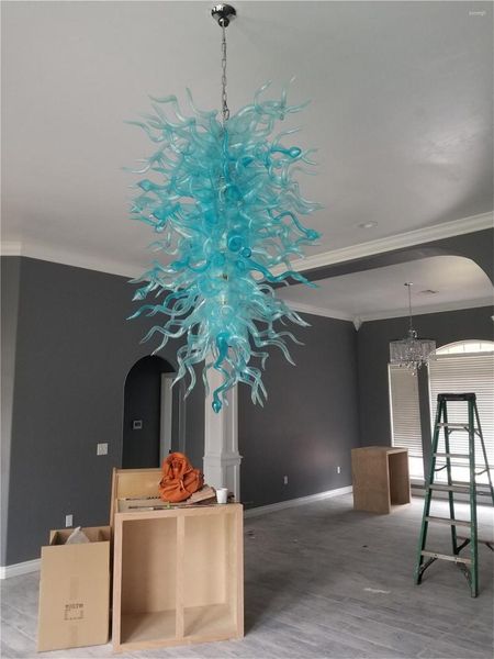 Pendelleuchten Ankunft Blau Hängende Deckenleuchte Wohnzimmer Moderne Kunst LED Kronleuchter aus mundgeblasenem Glas