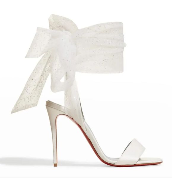 Lüks Sandal Tasarımcı Ayakkabı Kadın Yüksek Topuk Kırmızı Sandal Du Desert 100mm Topuklu Beyaz Saten Ayak Bileği Strap Düğün Elbise Kutu