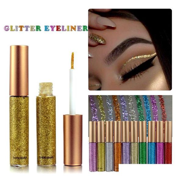 Eyeliner Handaiyan 10 Eyeliner liquido colorato Glitter Liner Colorf Paillettes Lucido Facile da indossare Long Last Makeup Eyeiners Drop Delivery Dhb0R