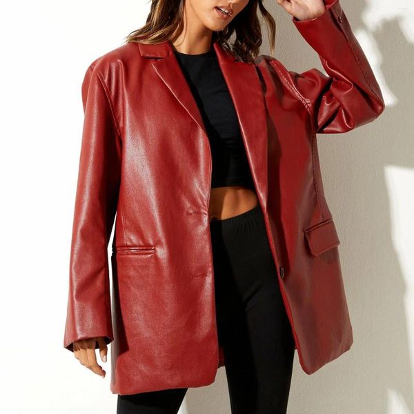Jaquetas femininas jaqueta de couro 2023 outono/inverno vintage clássico cor sólida lapela solto encaixe casual terno quente
