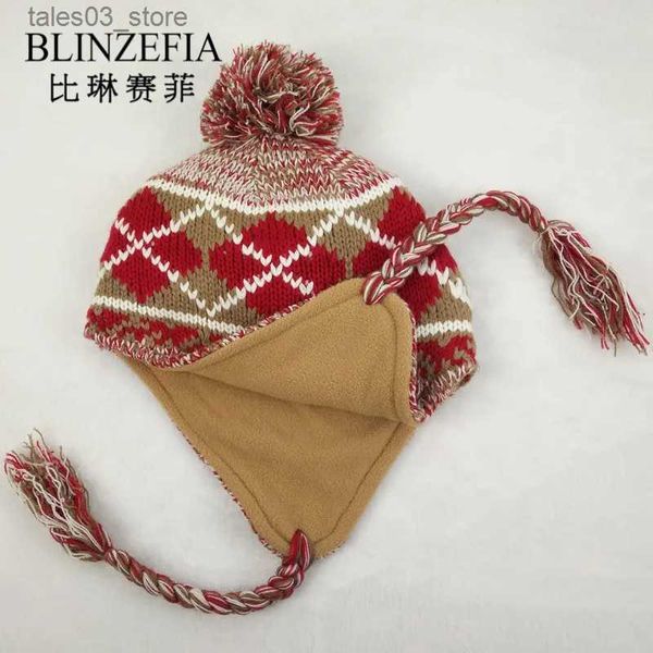 Beanie/Schädelkappen Neue 2023 Plaid Gestrickte Wolle Winter Frauen Hüte Russische Ohrenklappen Balaclava Pompom Hut Warmes Futter Beanies Cap Bonnet Femme BZ6901 Q231130