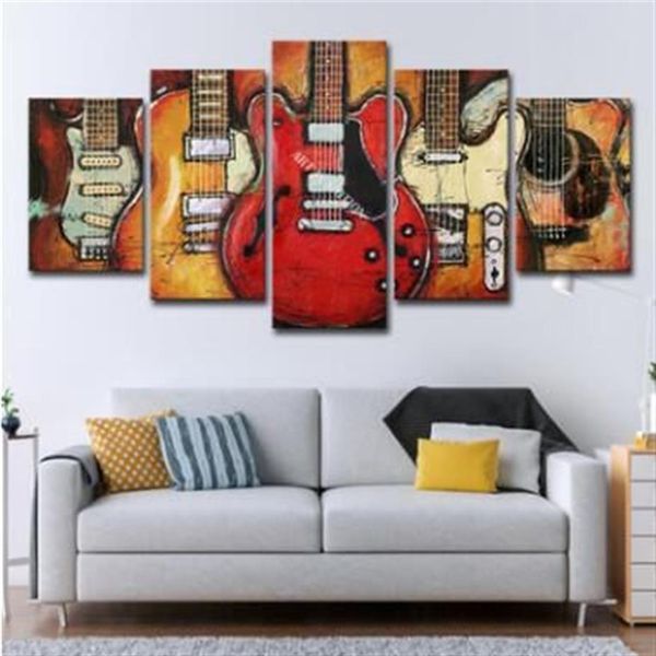 Wandkunst-Leinwandbilder, 5 Panels, moderne Musikgitarre, ohne Rahmen, Ölgemälde, Leinwand-Kunst-Wandbild für Schlafzimmer, ungerahmt, Soccer298w